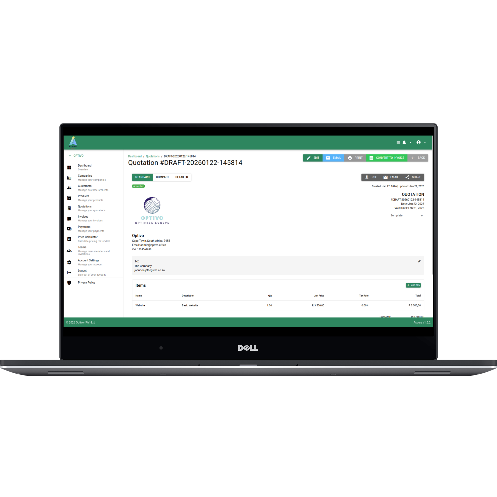 Accura quotations on desktop